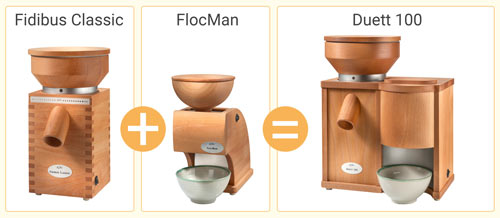 KoMo Combi mill Duett 100 with the grain mill Fidibus Classic and the flaker FlocMan in one unit grinds wholemeal flour and makes cereal flakes