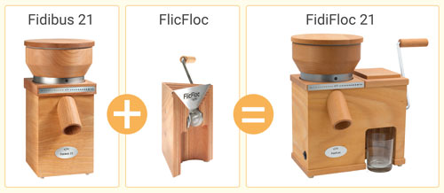 KoMo Combi mill FidiFloc with the grain mill Fidibus 21 and the hand flaker FlicFloc in one device grinds wholemeal flour and makes cereal flakes