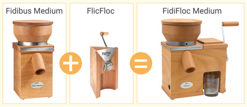 KoMo Combi mill FidiFloc Medium with the grain mill Fidibus Medium and the hand flaker FlicFloc in one unit grinds wholemeal flour and makes cereal flakes.